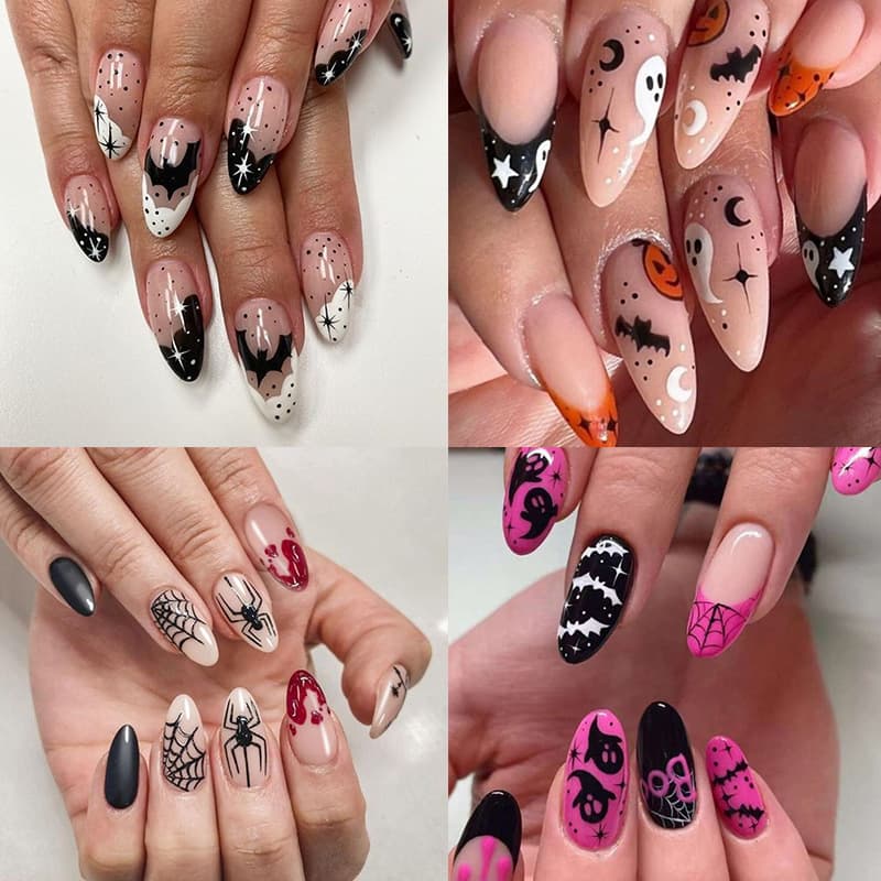 Halloween Collection Press-On Nails Spider Web Purple Black Gradient Almond Style Wholesale Export Cross-Border Nail Tips