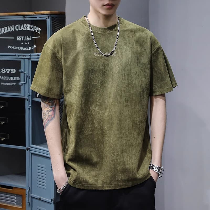 American Retro Heavyweight Suede Short Sleeve T-Shirt Men Loose Plus Size Half Sleeve Top Summer Streetwear Edgy Tee