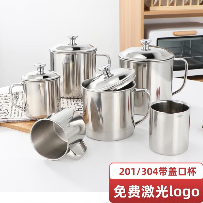 Thickened 304 stainless steel water cup for kindergarten children, logo printable, with lid, tea cup, mouthwash cup