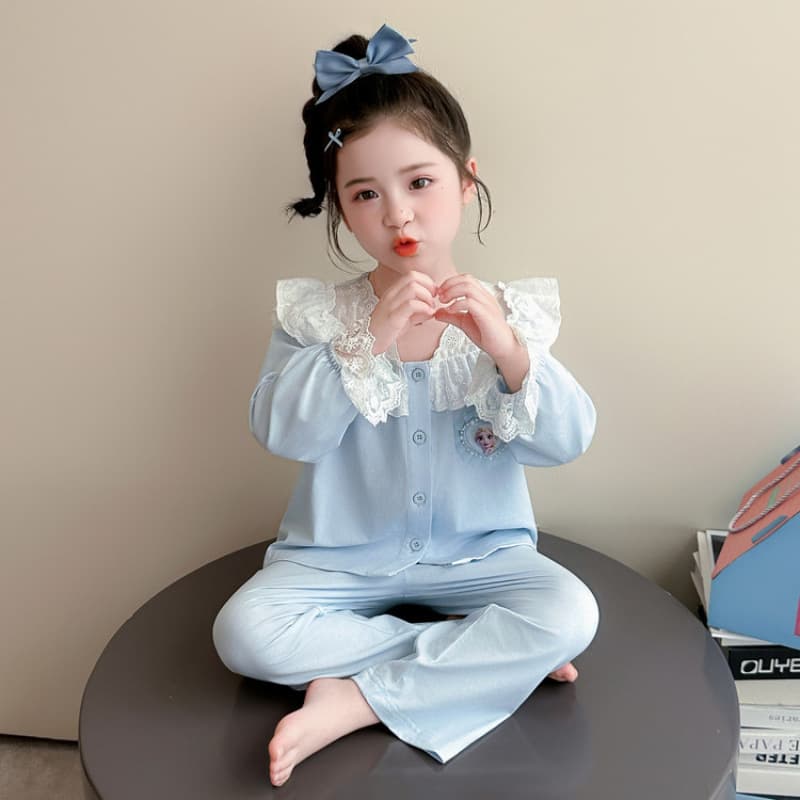 Girls Elsa Pajamas Homewear 2026 Fall New Elsa Long-Sleeve Lace Homewear Set Simple