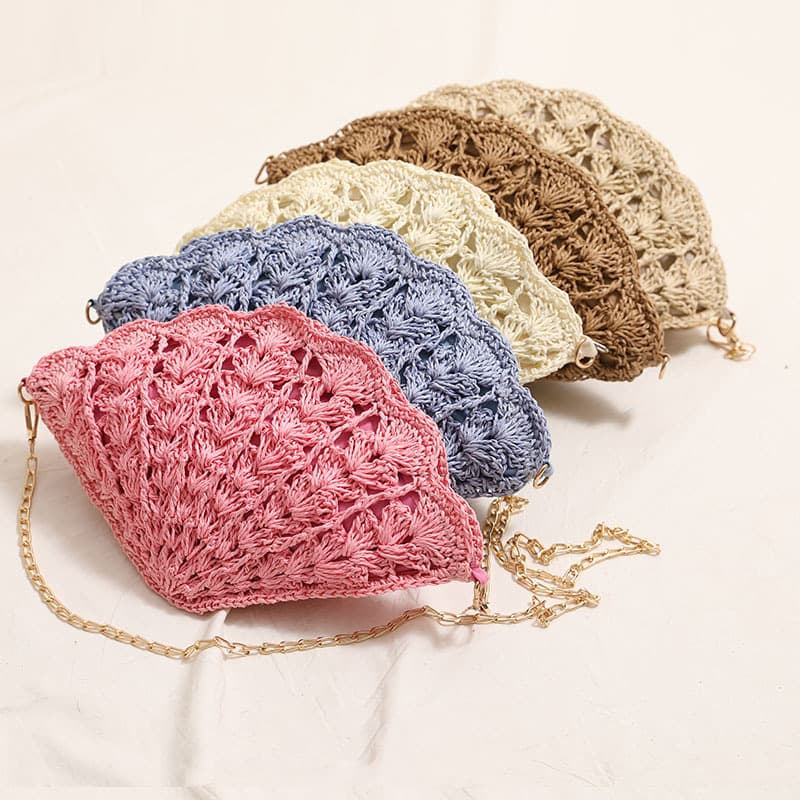 Fairy Shell Crossbody Woven Straw Bag New Style Niche Fashion Hollow Fan-Shaped Knitted Bag Women's Beach Vacation Sand Bag