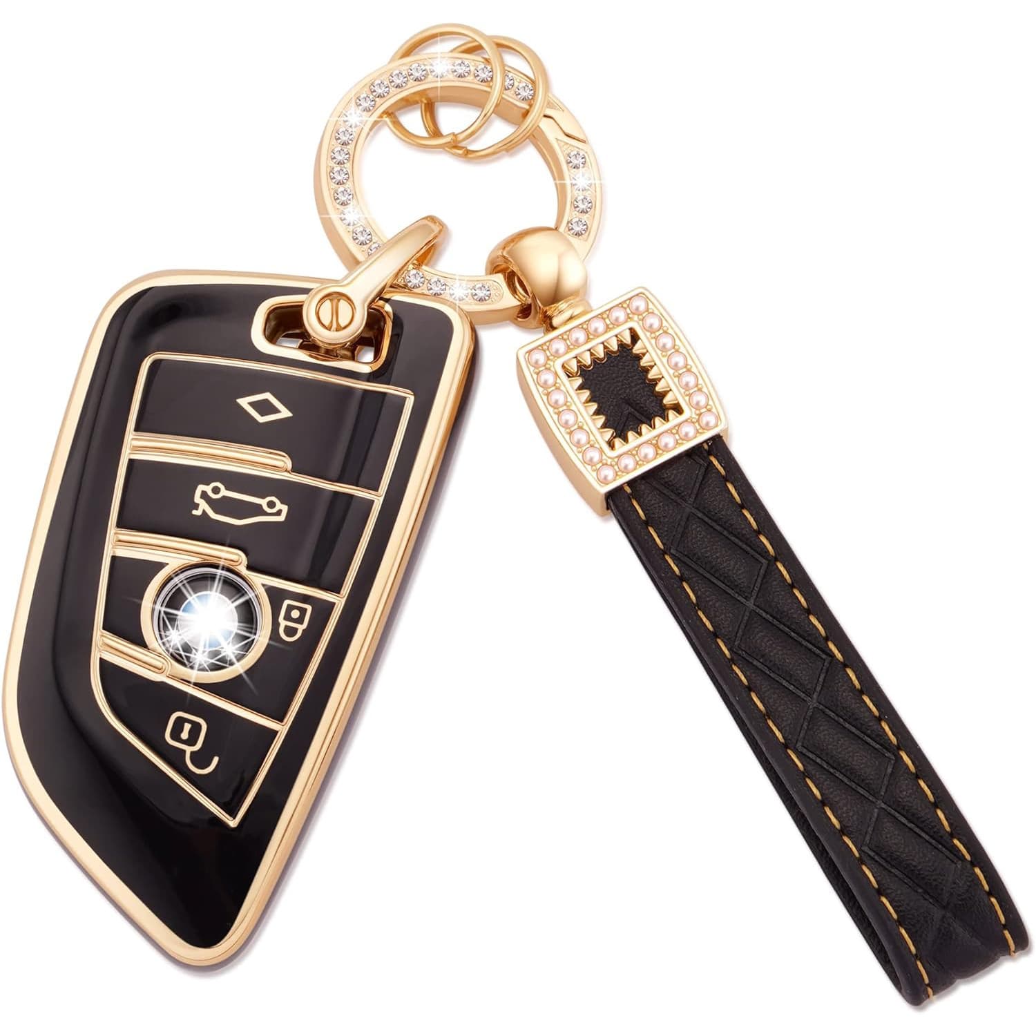 Cross-border wholesale hot-selling gold-rimmed car key case with rhinestone ring, pebble grain leather keychain, Amazon car key cover