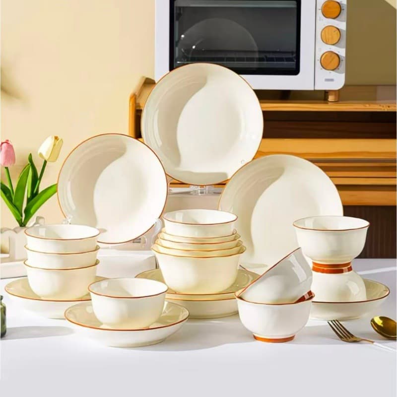 Underglaze color rice bowl, high-looking cream-style household ceramic bowls and plates, tableware, porridge and noodle bowls, vegetable plates, soup plates and fruit plates