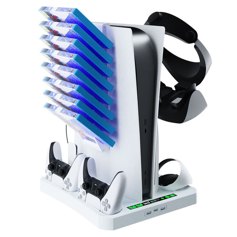 PSVR2 PS5 Console Cooling Stand with Multi-functional Controller Charging Dock and Headset & Headphone Storage