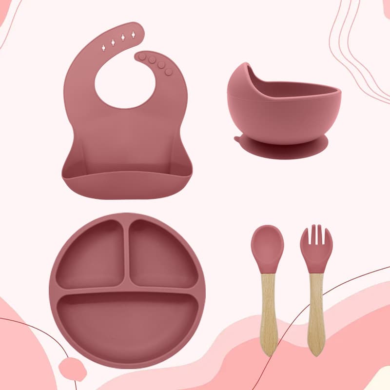 Factory ready-stock infant and toddler five-piece set of tableware, baby food supplement plate, silicone anti-fall bib, children's feeding tableware