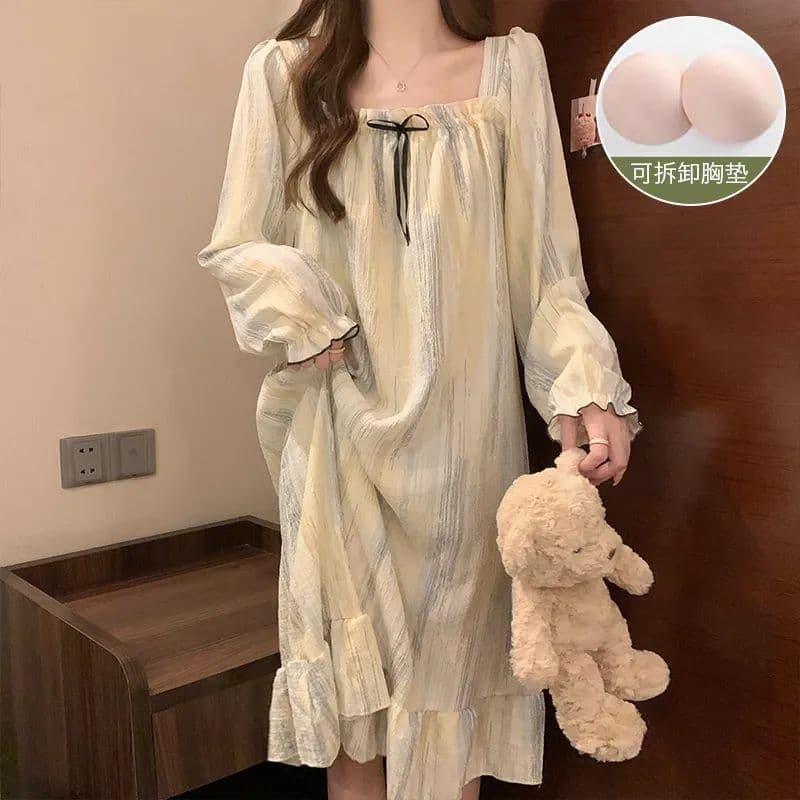 Spring Long-Sleeve Nightgown with Padded Bra, Bubble Cotton Floral Print, Square Neck, Women's Pajamas, Mid-Length Loungewear