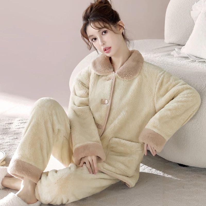 Women's autumn and winter fleece-lined, thick, warm cardigan pajamas set, coral fleece, loose fit, can be worn as outerwear, flannel.