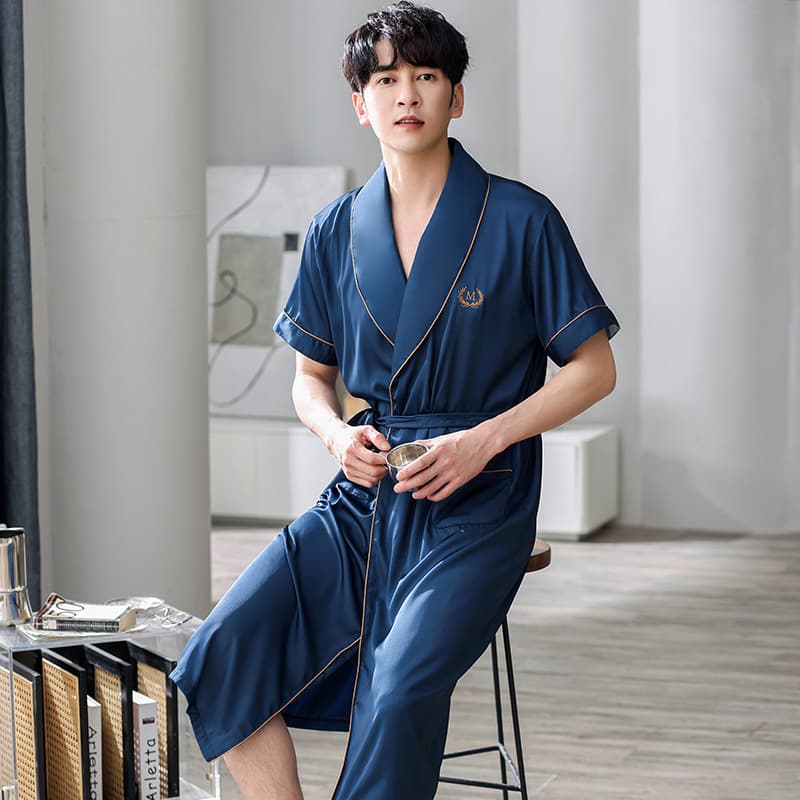 Ice Silk Men's Summer Short Sleeve Thin Robe, Imitation Silk Pajamas, Sexy Summer Homewear Morning Robe Bathrobe