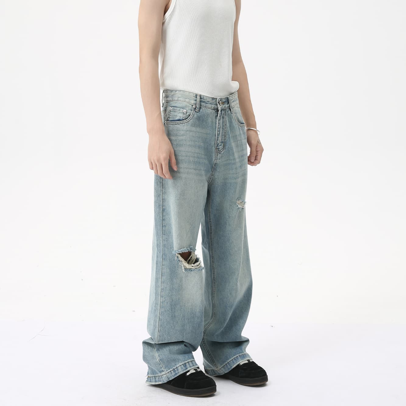 MTLCLOTHES Men's Clothing | Korean Style Vintage Distressed High Street Ripped Faded Loose Wide Leg Vibe Jeans Versatile Trend