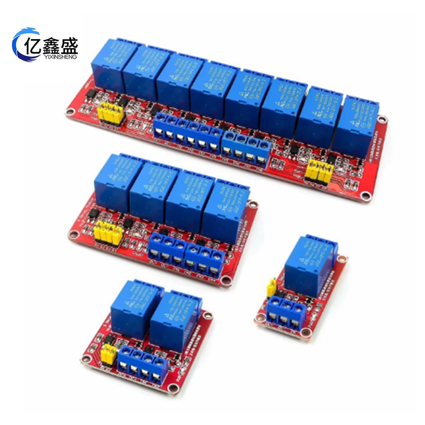 1/2/4/8-channel 5V relay module, optocoupler isolation, high/low level triggering, microcontroller, red board.