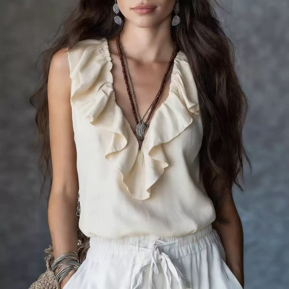 2026 Boho style fungus V-neck sleeveless shirt temperament fashion women's top linen style