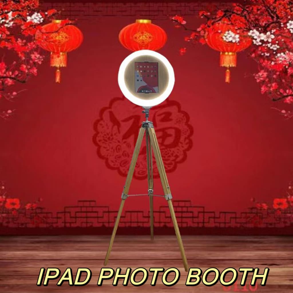Wood Grain iPad Photo Booth Selfie Station Tablet Size Optional Standalone Photography Kiosk for Live Broadcasts Parties Events Rentals
