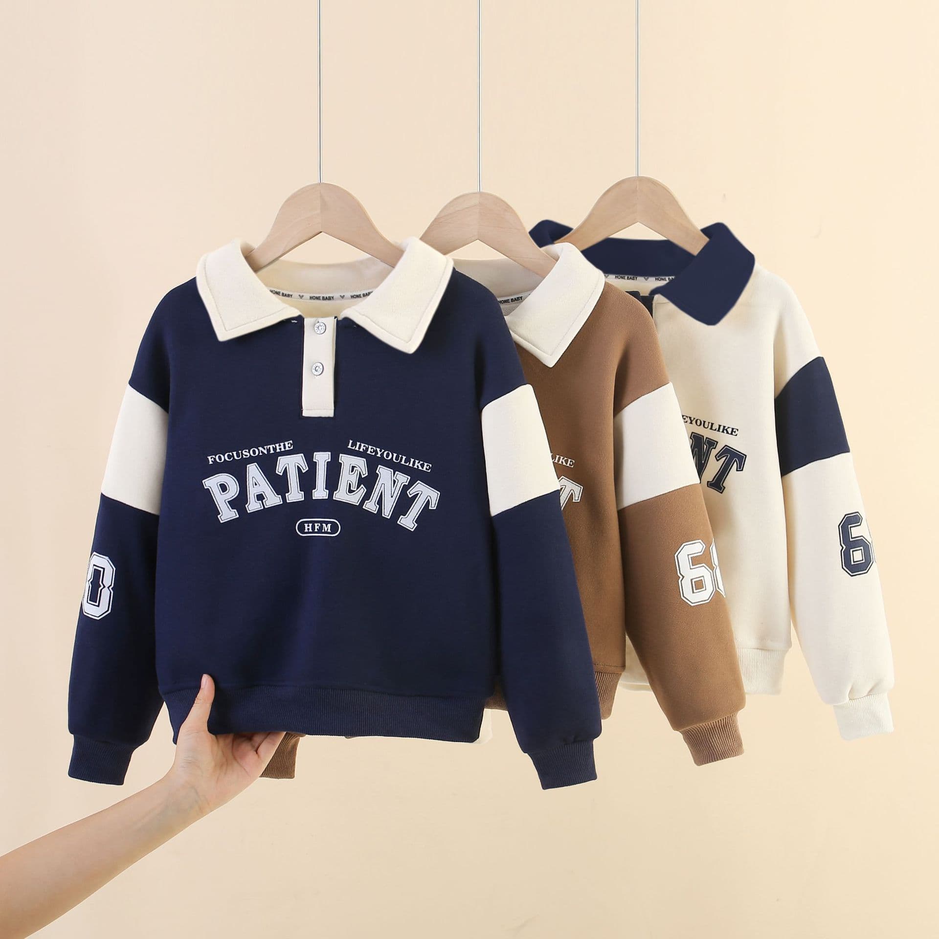 Children's Polo Hoodie Long Sleeve Lapel Boy's Thickened Cartoon Stylish Top Autumn/Winter Warm Pullover for Small and Medium Kids