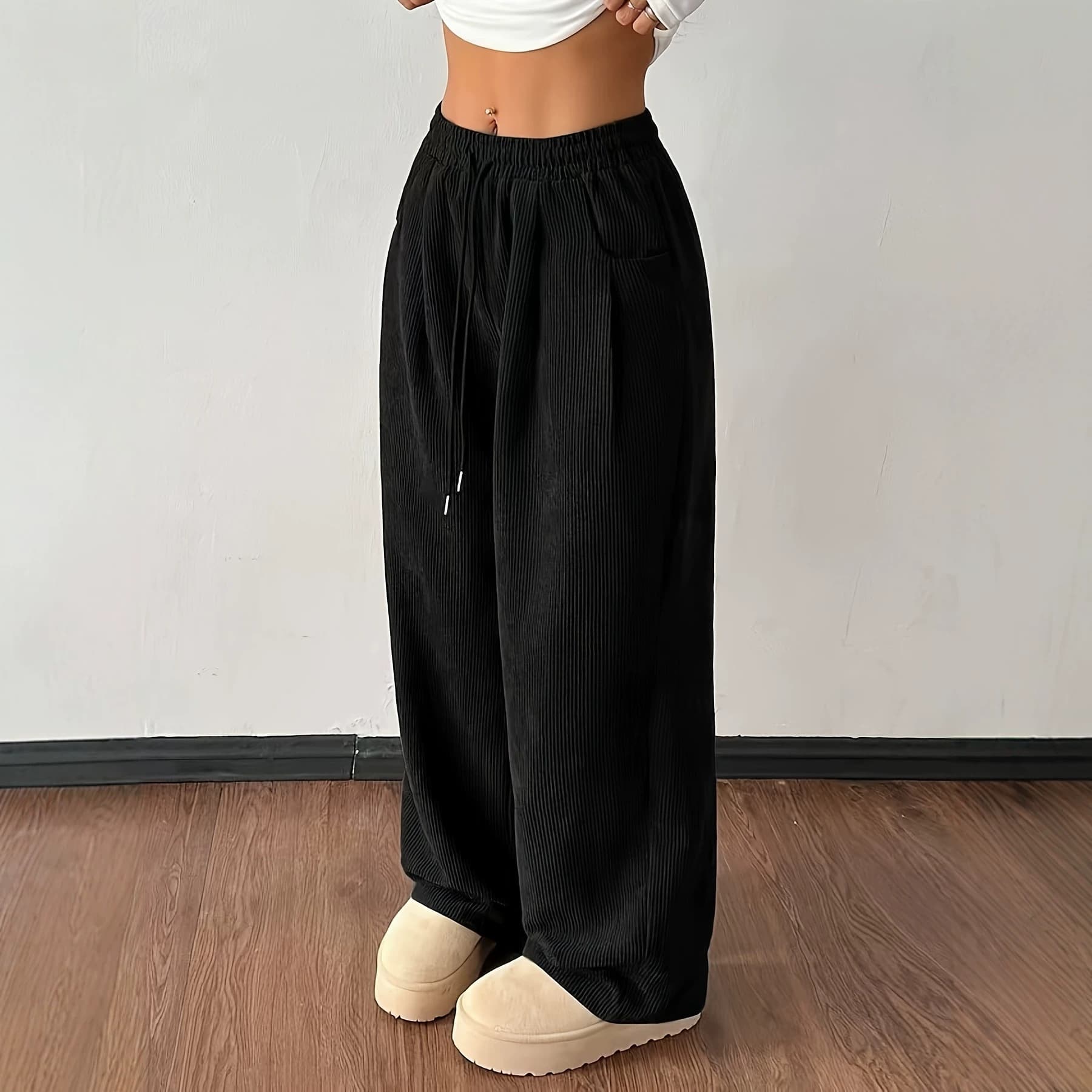 Women's Corduroy Wide-Leg Pants, Retro Sporty Style, Full-Length High-Waist Solid Color, Comfortable and Versatile, Ideal for Vacation and