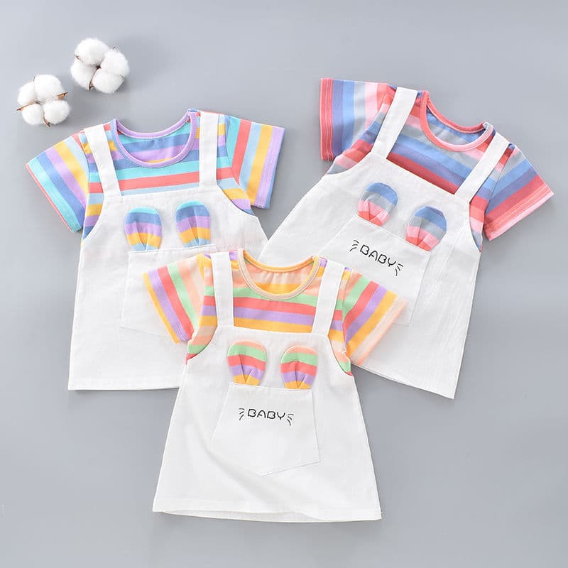 Girls' Summer Dress 2025 New Arrival, Stylish Pure Cotton Thin Short Sleeve Dress for Girls, Two-Piece Look