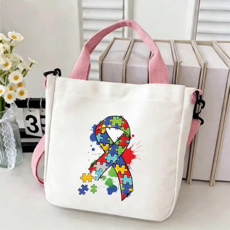 Autism Ribbon Puzzle Print One Shoulder Crossbody Canvas Bag Women’s Daily Commuting Tote Bag 60202-27