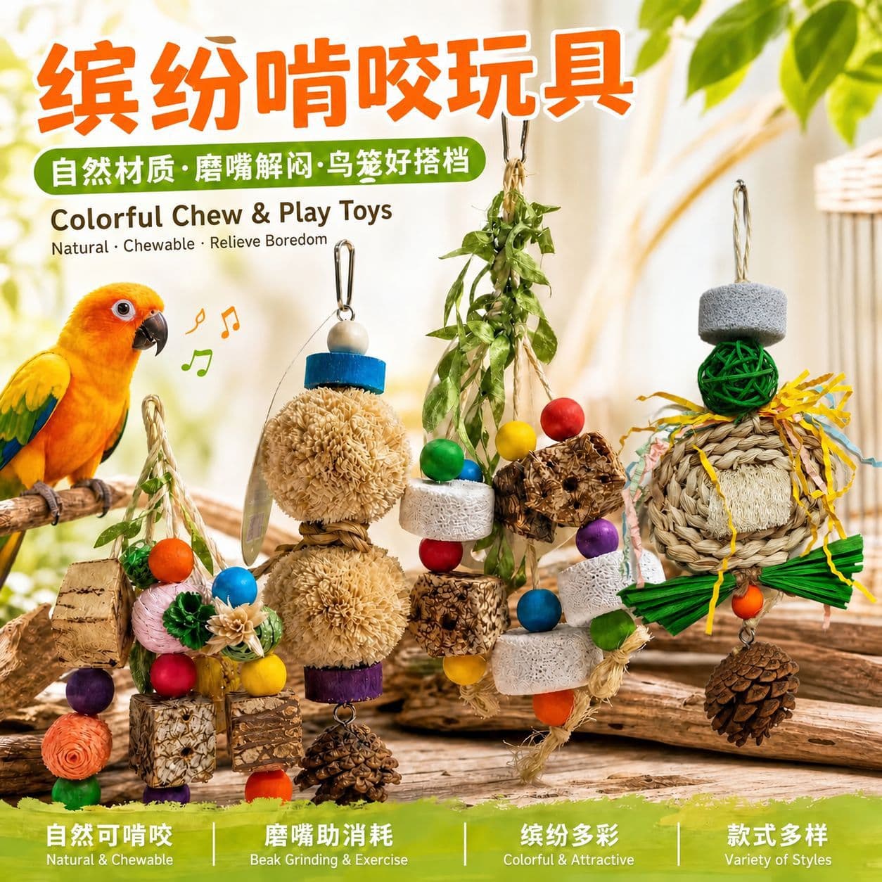 Parrot Toy Bird Toy Colorful Fruit Timothy Grass Chew Boredom Relief Toy Birdcage Accessories