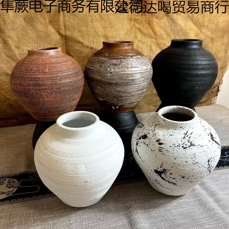 Chinese-style Vintage Handcrafted Vase, Large Mouth for Dried Flowers, Coarse Pottery Ceramic Vessel, Water Culture Planter, Wabi-Sabi Style Vase