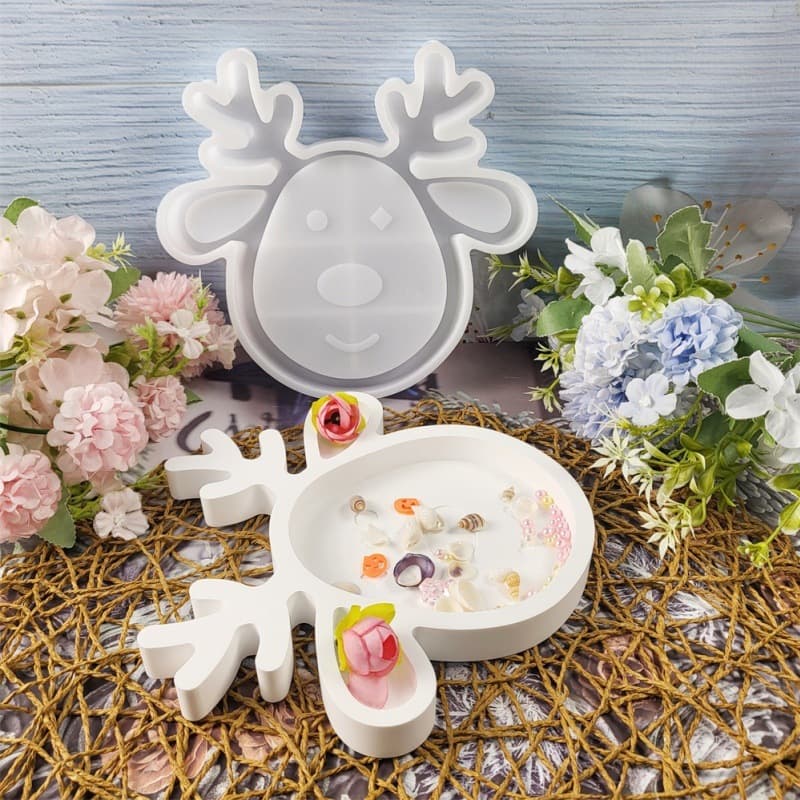S0889 Christmas Elk Tray Ornament Decoration Cement Plaster Mold DIY Silicone Mold