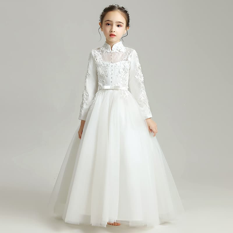 Children's Formal Evening Dress Princess Gown Girls Long Sleeve Little Girl Host Flower Girl Runway Piano Performance Outfit Summer Autumn