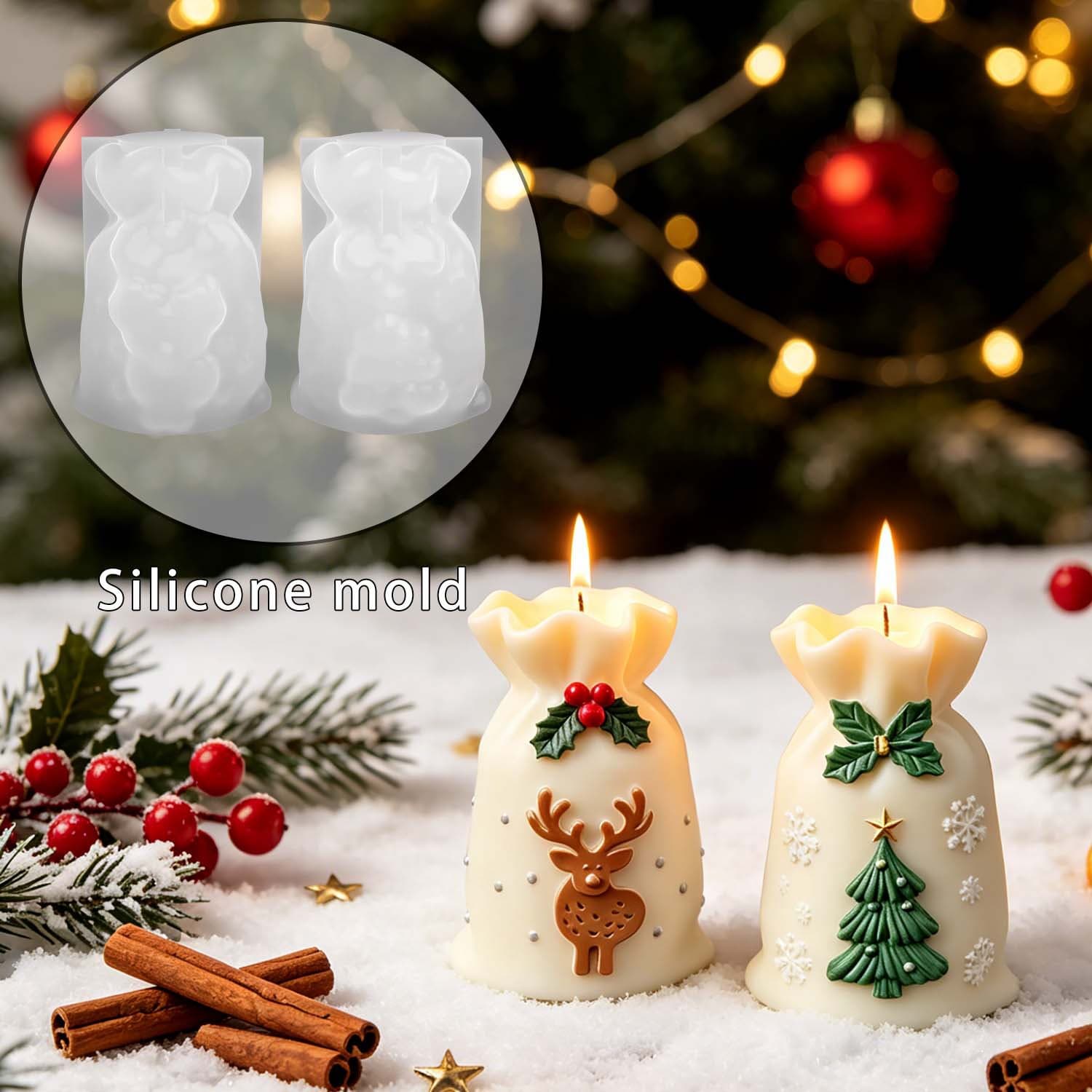 Christmas Tree Gift Bag Scented Candle Silicone Mold Christmas Deer Relief Ornament Plaster Silicone Mold