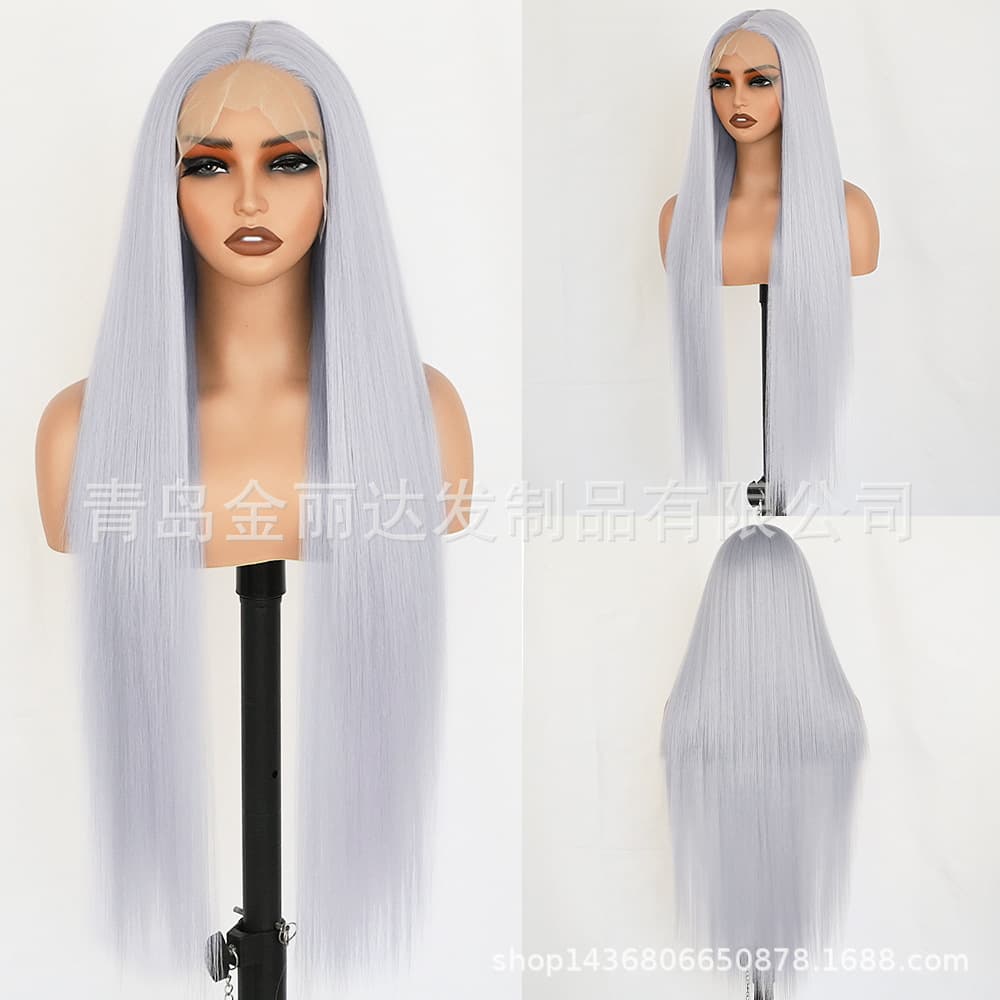 European and American New Fashion Chemical Fiber Front Lace Wig Light Blue Green Long Straight Hair Half Hand-Woven Wig Foreign Trade Wholesale