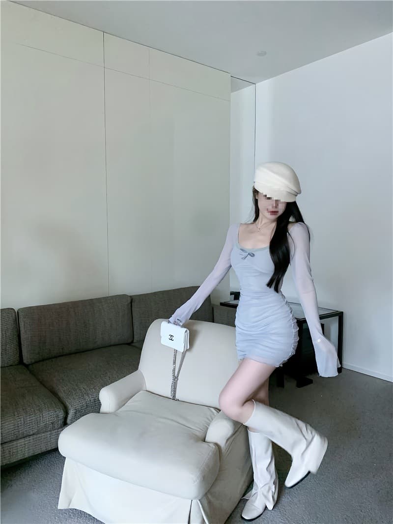 Pure Desire Hot Girl Sexy Slightly Translucent Mesh Trumpet Long Sleeve Dress Women's Autumn Bow Pleated Waist Cover Hip Skirt