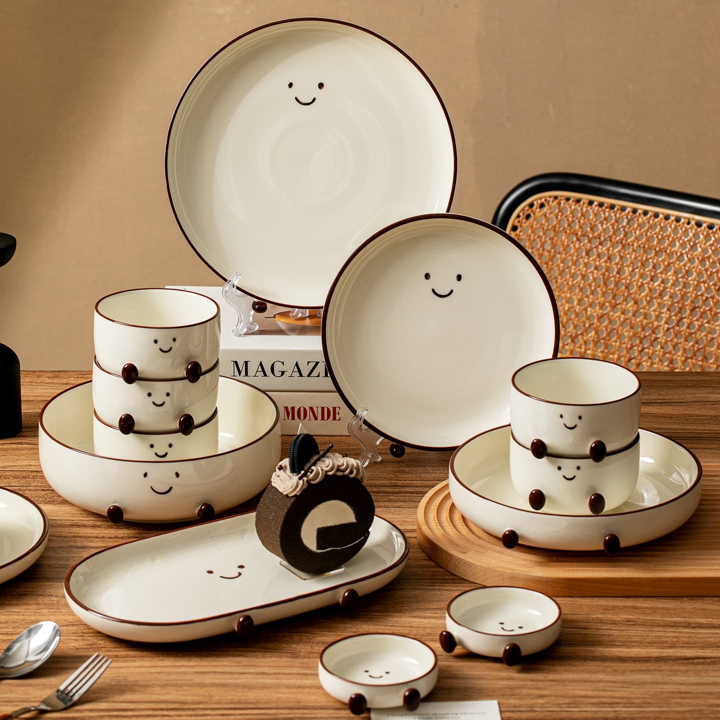 Cartoon cocoa bean series ceramic tableware household dishes set ceramic bowl instant noodle bowl salad bowl dinner plate disc