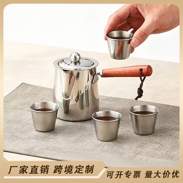 Cross-border Stainless Steel Teapot with Lid, Anti-overflow Spout, Portable Outdoor Wooden Handle Coffee Pot, Pickle Pot, Baby Milk Warmer