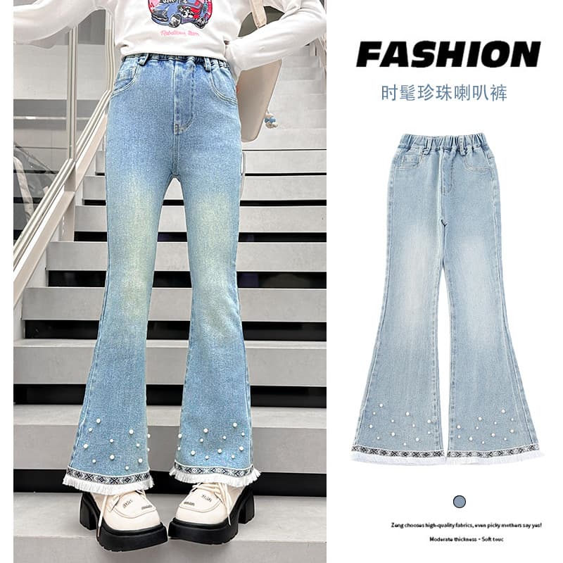 Girls' Denim Flared Pants Spring Style Korean Pearl Lace Horseshoe Pants Trendy Slim Fit Kids' Pants