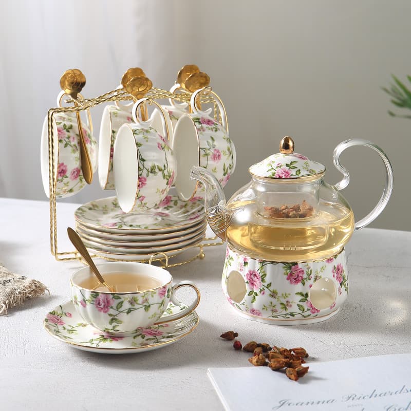 European-style Fruit Tea Country-themed Flower Tea Set, Heatable Glass Teapot with Filter and Ceramic Cup & Saucer