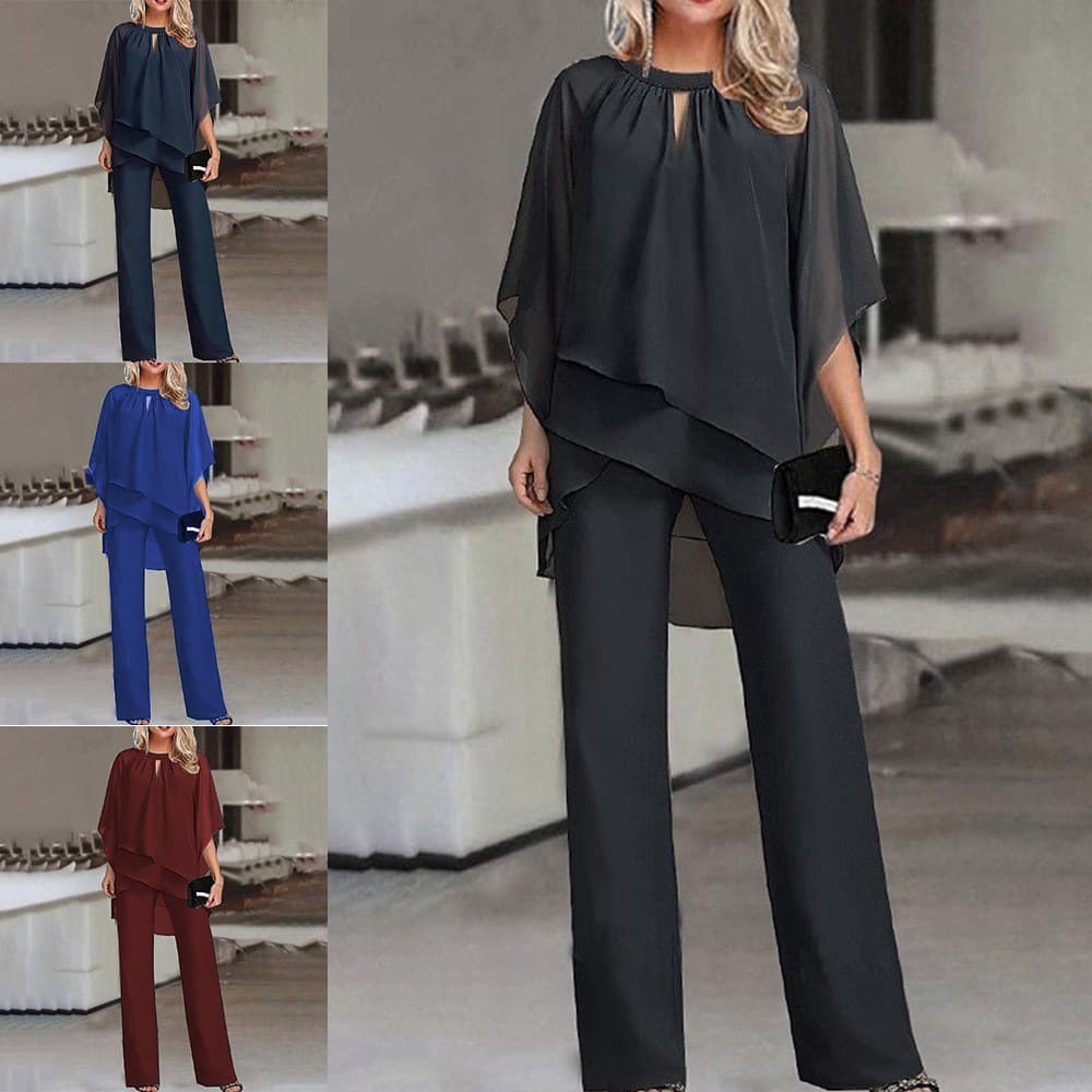New cross-border women's fashion European and American style solid color loose casual irregular top + pants two-piece set