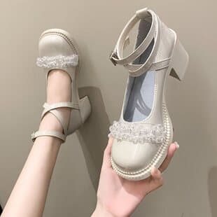 Princess Mary Jane White JK Dress with Skirt High Heels Women's 2025 Summer New Style British Chunky Heel Shoes