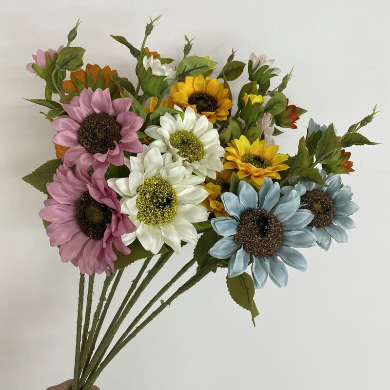 Long Stem 3-Head LS Sunflower Artificial Bouquet Wedding Photography Prop Home Wall Decoration Ornament Fake Flowers