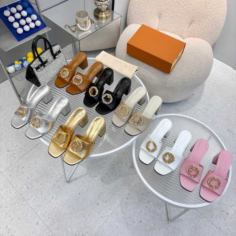 Women's Celebrity Style Cross-Border UK USA Nigeria High-End Genuine Leather Rhinestone Pearl Buckle Slide Sandals Wholesale