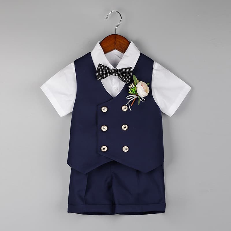 New Spring/Summer Children's Suit Short-Sleeved Vest Set for Boys, Floral Dress, First Birthday Party Attire for Toddlers