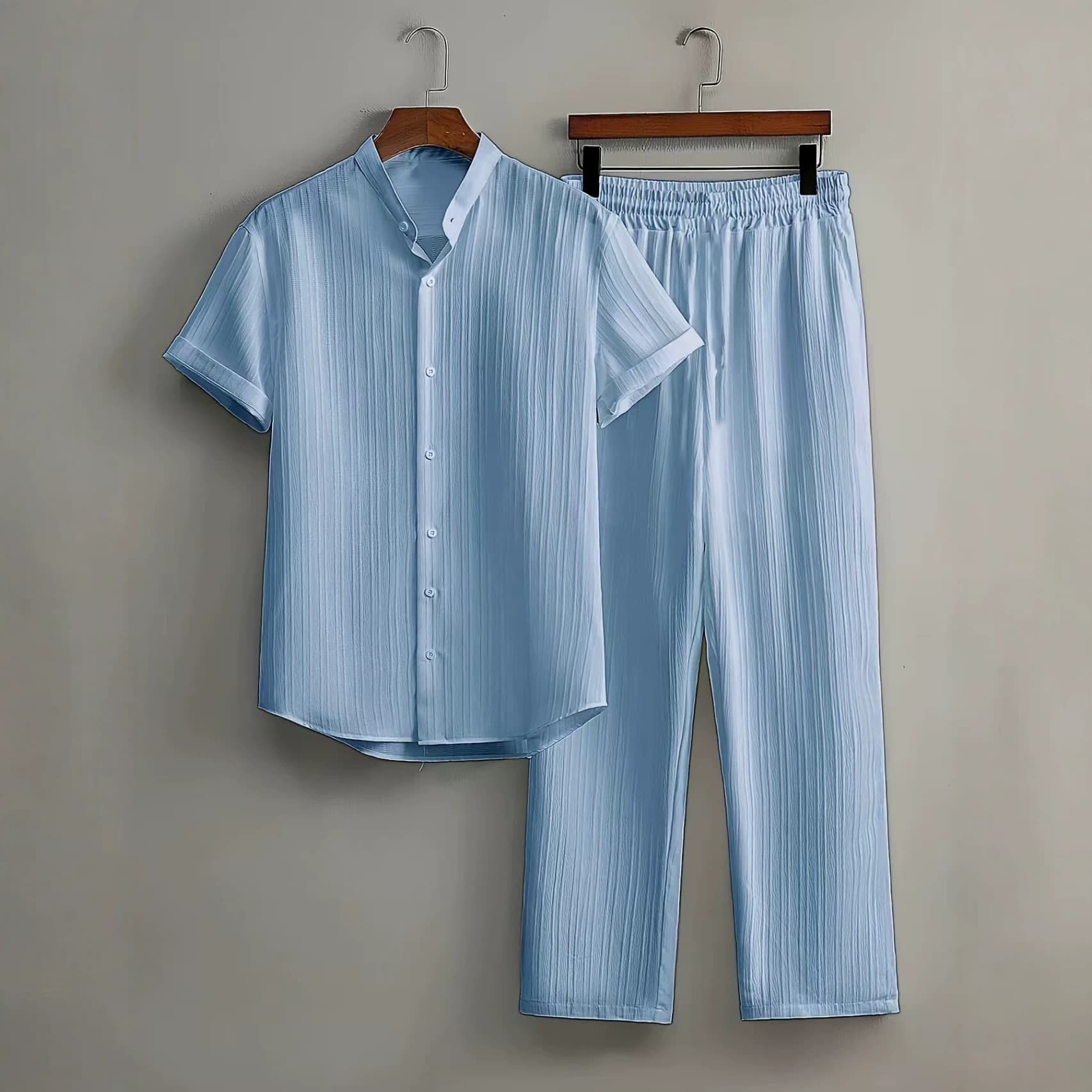 Cross-border foreign trade fashionable solid color 3D printed short-sleeved stand-up collar short-sleeved shirt and trousers suit jacquard fabric comfortable