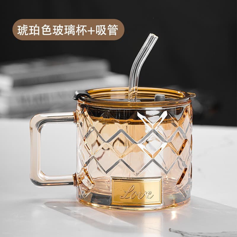 New diamond cup thickened glass large capacity glass water cup with lid and straw high appearance ins handle cup