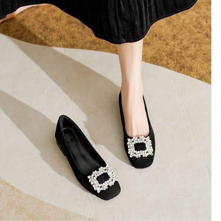 Chunky Heel French Rhinestone Elegant Women's Shoes 2026 New Spring Summer Black Square Toe Office Commuter Shoes