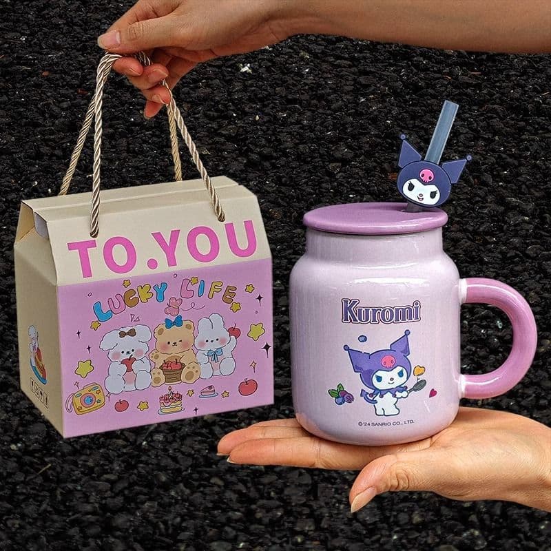 Cute Cartoon Ceramic Mug with Lid for Girls Home Kuromi Cup Birthday Children's Straw Cup