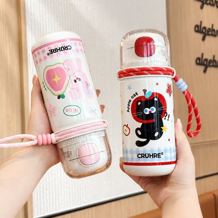 Cute Children's Insulated Cup Food Grade 316 Girls Dual Drinking Straw Cup High Appearance School Portable Water Bottle