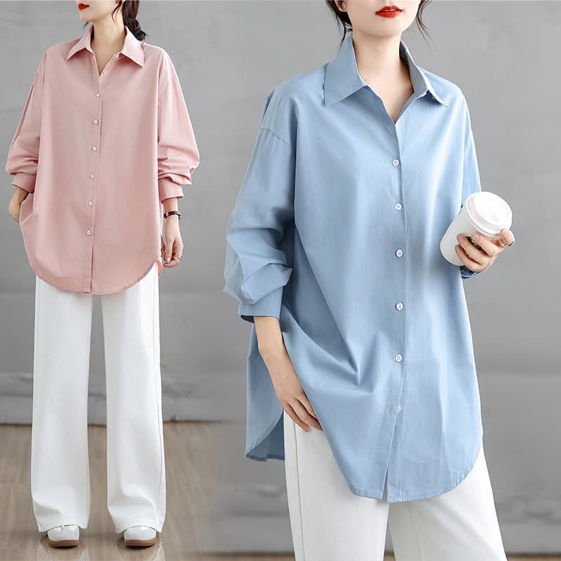 Shipped Autumn Cotton Blue Long-Sleeve Shirt Women's Top Commute Casual Blue Blouse Jacket