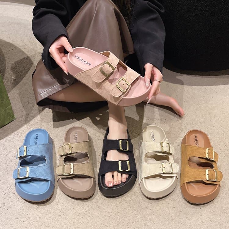 Belt Buckle Thick Sole Sandals for Women 2026 Summer New Lazy One-Strap Soft Sole Casual Beach Slippers