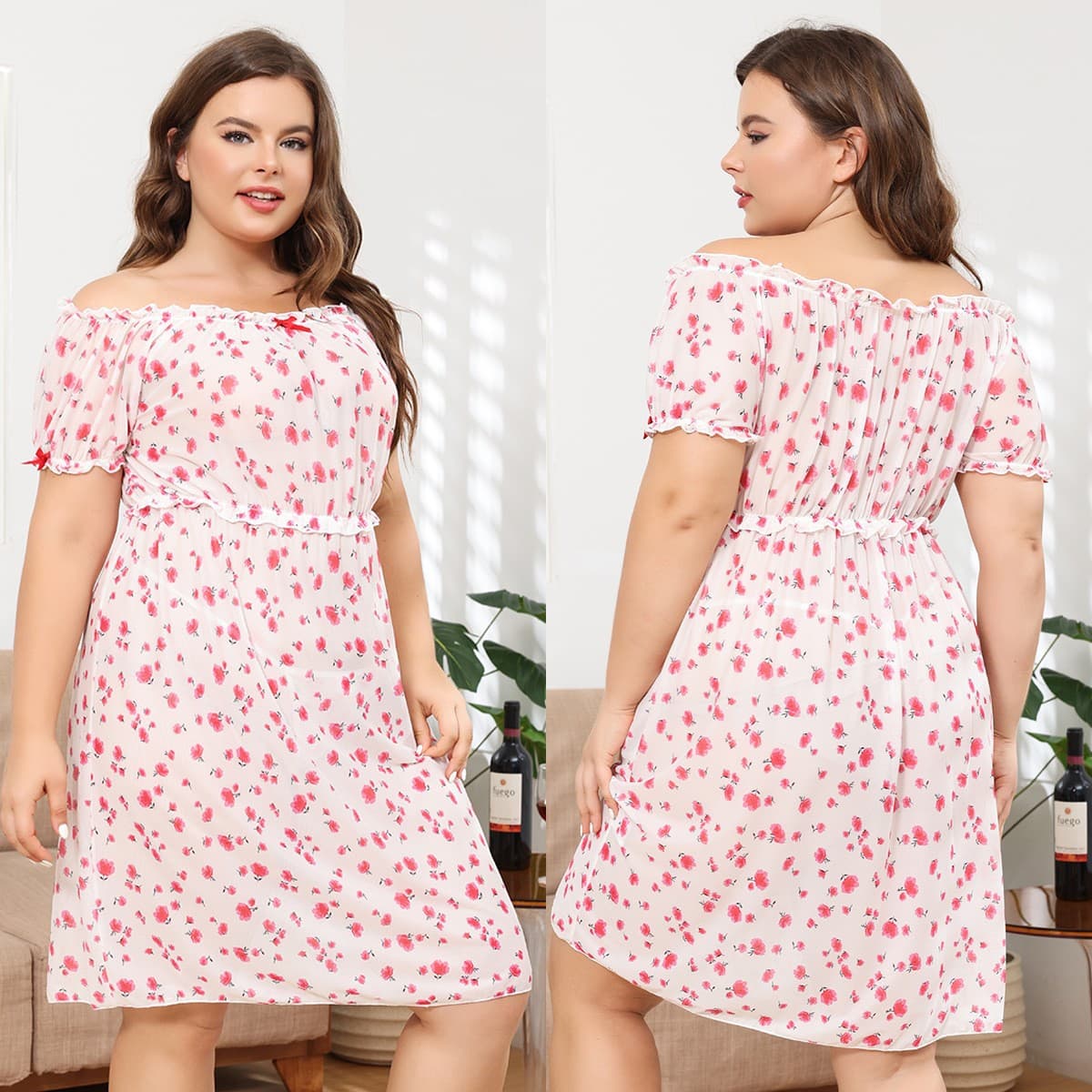 European and American fat girl pink small floral sweet girly style dress one shoulder puff sleeves waist nightgown 8710