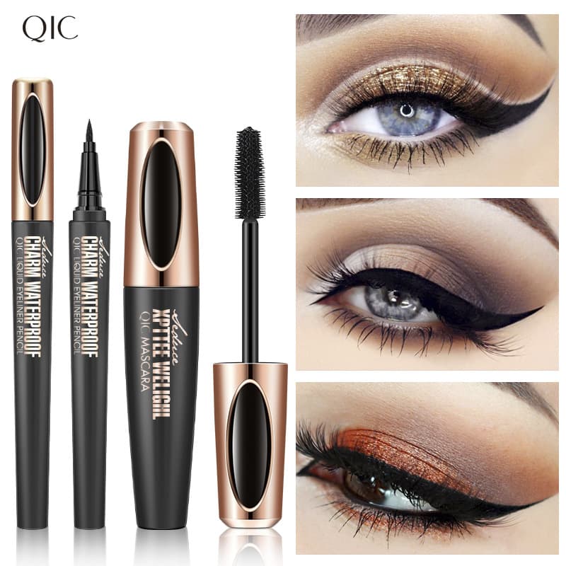 Cross-border Hot Selling QIC Black Tube Eye Makeup Combo 2-Piece Set: Intense Black Waterproof Eyeliner and Voluminous Lengthening Curling Mascara