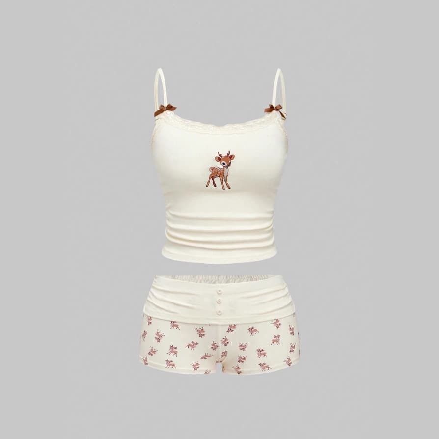 2025 Summer New Little Deer Floral Print Hot Girl Lace Trim Camisole Design Cute Youth Backless Crop Top