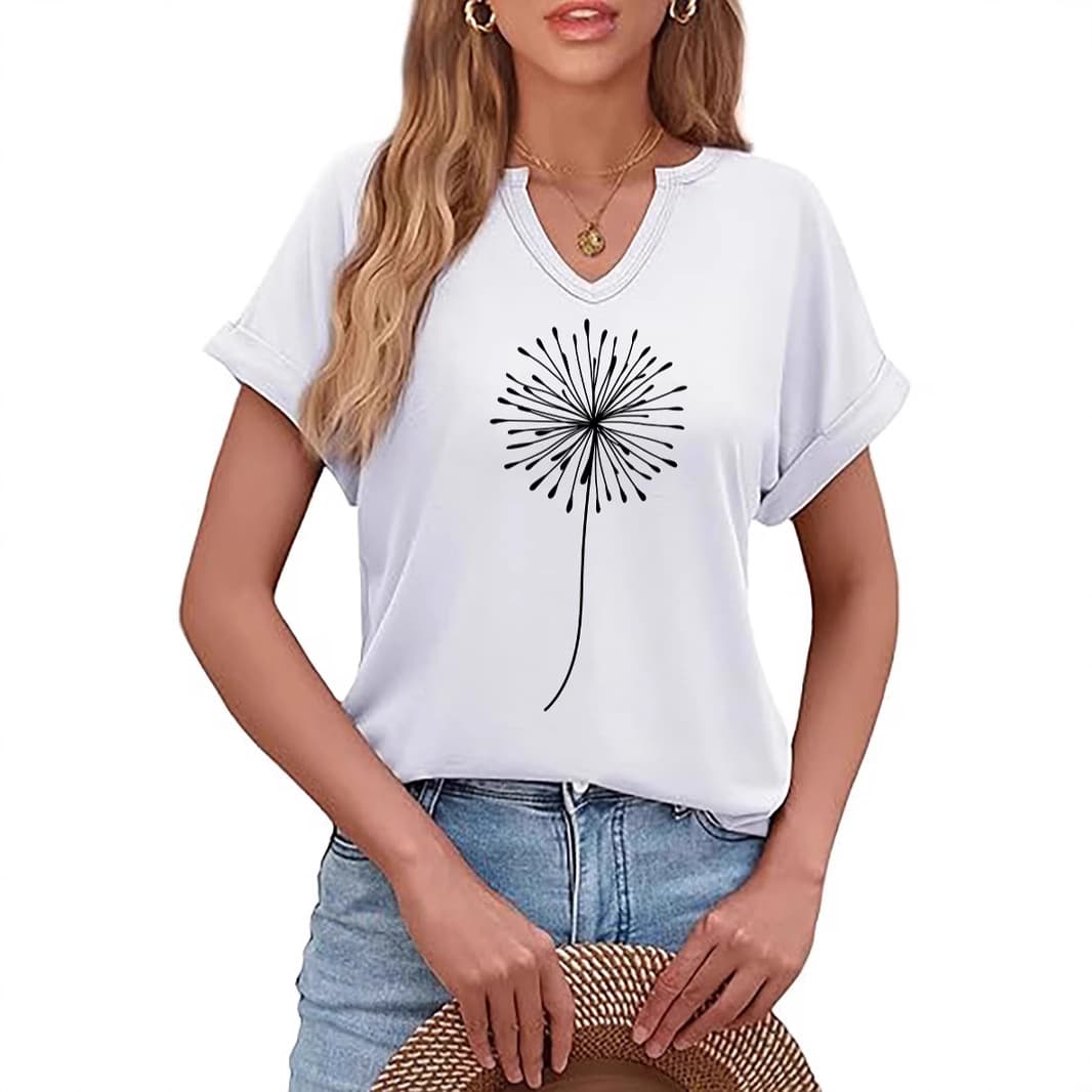 Women's V-Neck Roll-Up Sleeve Dandelion Print Loose Casual Fashion Short Sleeve Top