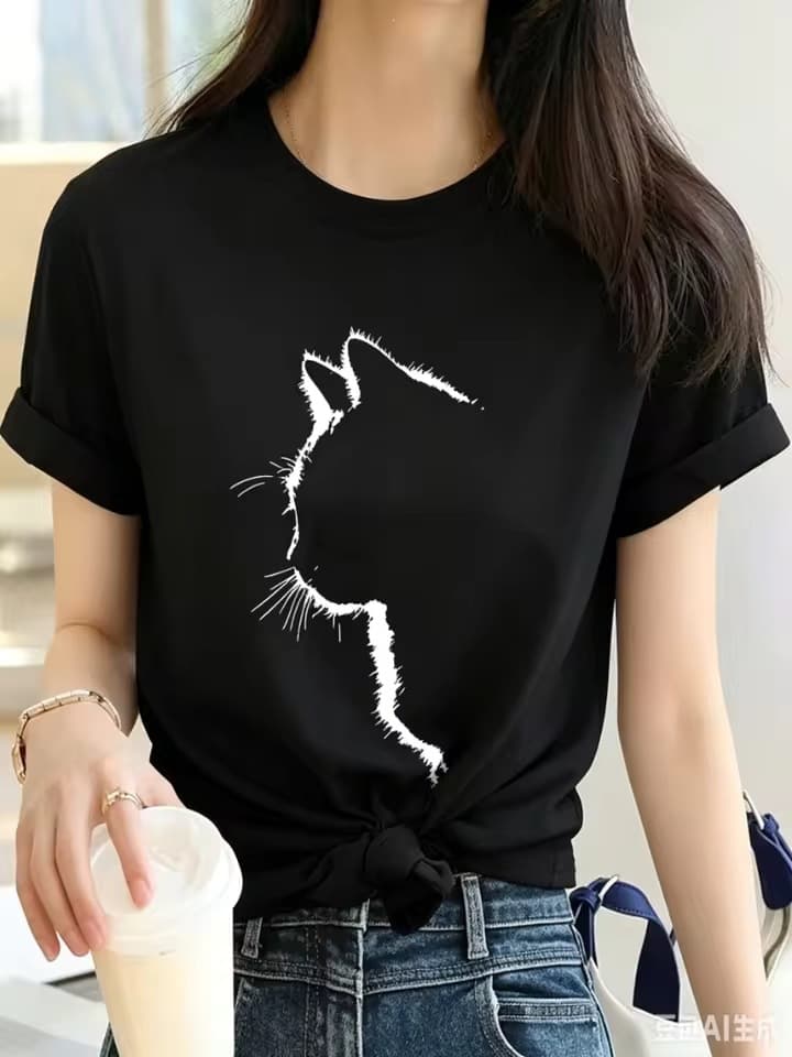 Kawaii cat print fashion T-shirt retro women's casual graphic short-sleeved T-shirt clothing summer spring top T-shirt cotton