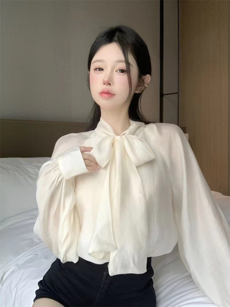 Bow Long Sleeve French Blouse Shirt Top Chic Tie New Spring Autumn Women's Designer Sense Niche
