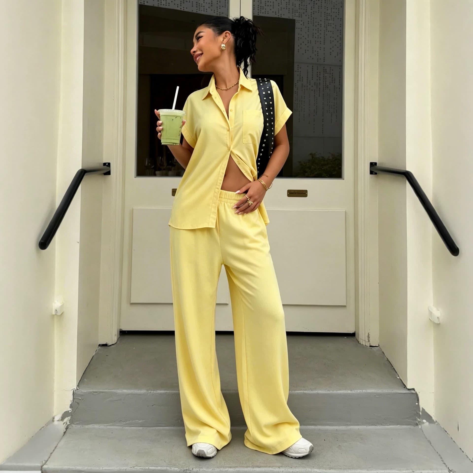 2026 New European and American Cross-Border Turn-Collar Short-Sleeve Button Shirt High-Waist Draped Elastic Wide-Leg Pants Casual Two-Piece Set